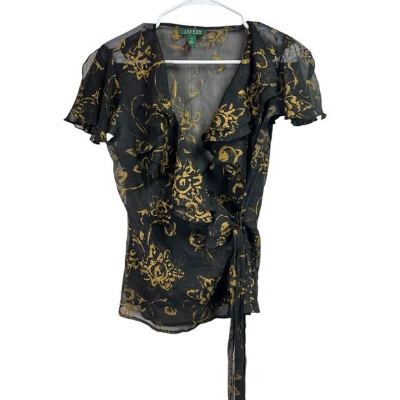 Ralph Lauren Tops - Lauren Ralph Lauren Ruffle Wrap Tie Georgette Sheer Blouse Black Gold 10